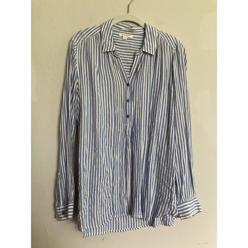 Beach Lunch Lounge Striped Henley Blouse Top LARGE Blue White Micropleat Rayon